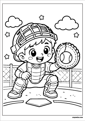 Cute boy baseball catcher coloring page with catcher gear