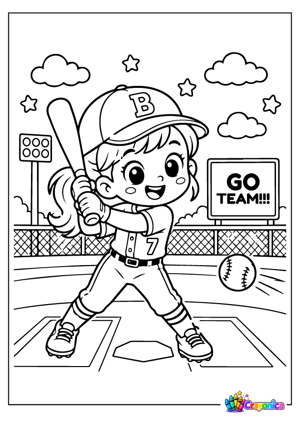 Cute Girl Playing Baseball Coloring Page