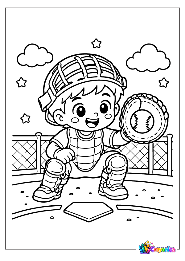 Cute boy baseball catcher wearing protective gear and holding a glove on a baseball field coloring page