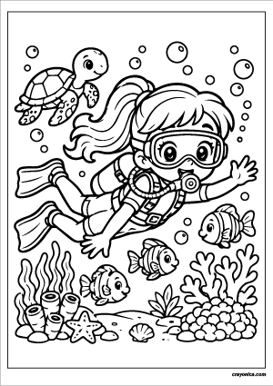 Cute girl scuba diving coloring page with fish, sea turtle, and ocean scene for kids