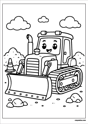 Bulldozer coloring page with bold outlines and construction vehicle design for kids