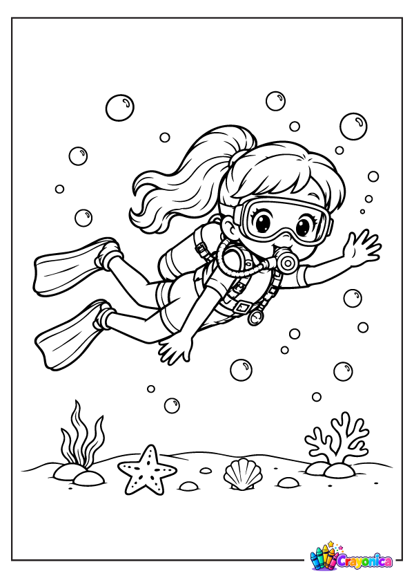 Cute girl scuba diving with fish, sea turtle, coral, starfish, and bubbles coloring page