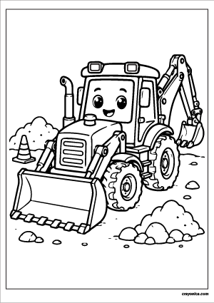 Backhoe loader coloring page with bold outlines and construction vehicle design for kids