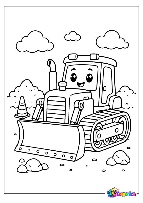 Bulldozer Coloring Page for Kids with a cute bulldozer at a construction site