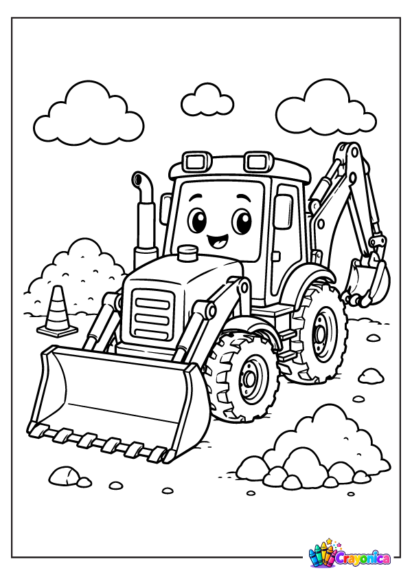 Backhoe Loader Coloring Page for Kids with a cute construction machine