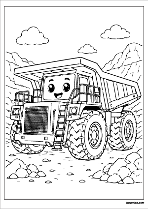 Giant mining dump truck coloring page with large tires and quarry scene for kids