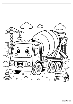 Cute cement mixer truck coloring page with smiling cartoon design