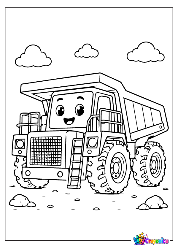 Mining Dump Truck Coloring Page with a large dump truck at a mining site