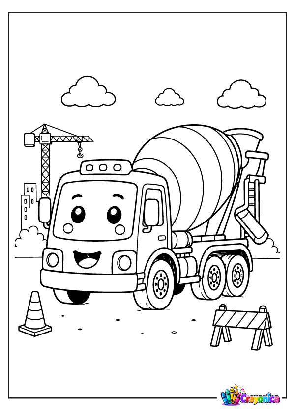 Cute cement mixer truck with a smiling face at a construction site coloring page