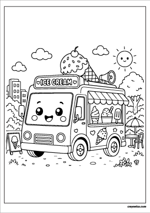 Cute ice cream truck coloring page with smiling cartoon vehicle and ice cream treats for kids