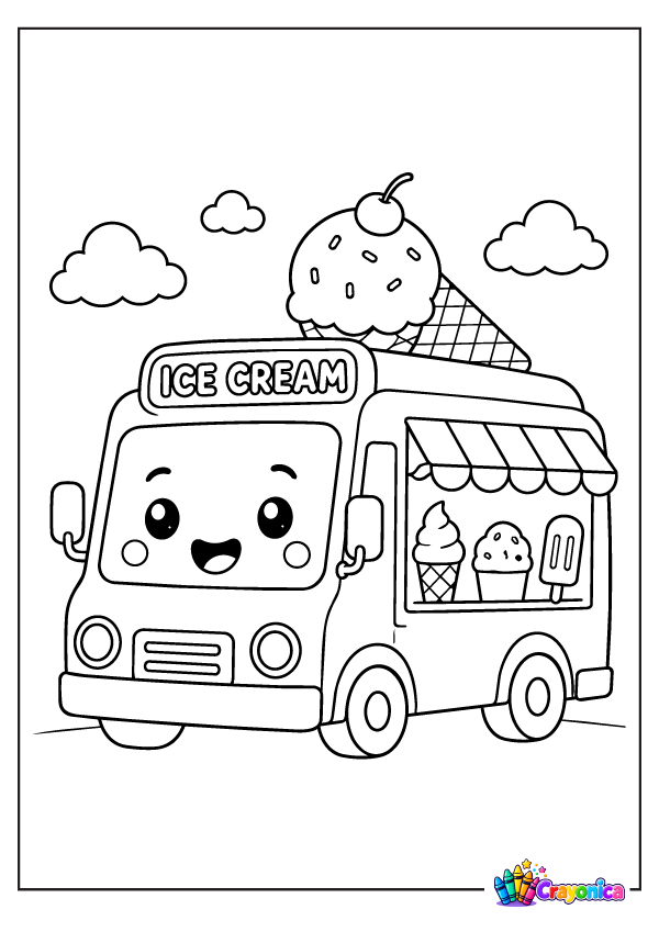 Cute smiling ice cream truck with ice cream treats and decorations coloring page