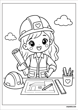 Cute girl engineer coloring page with safety helmet and blueprint in cartoon style