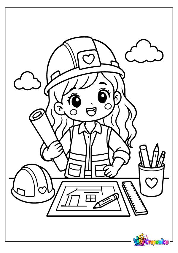 Cute girl engineer wearing a safety helmet and working with tools and blueprints coloring page