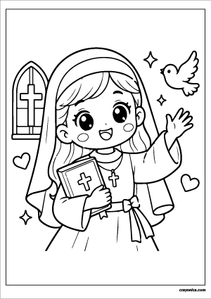 Cute girl nun coloring page with smiling cartoon nun in simple line art style