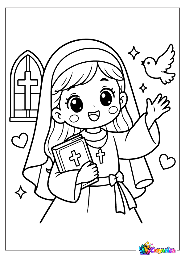 Cute girl nun holding a Bible with a cross and dove coloring page