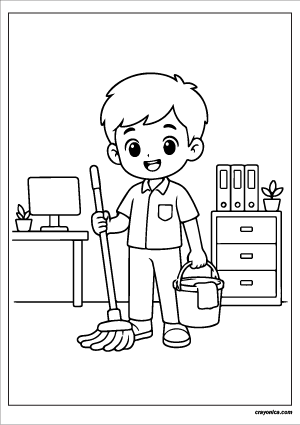 Office boy cleaning coloring page with mop and bucket