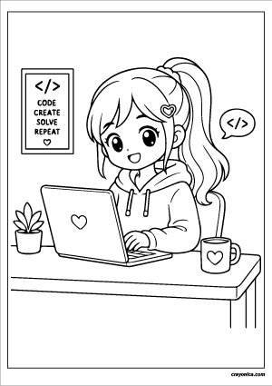 Cute girl programmer coloring page with laptop and simple coding workspace
