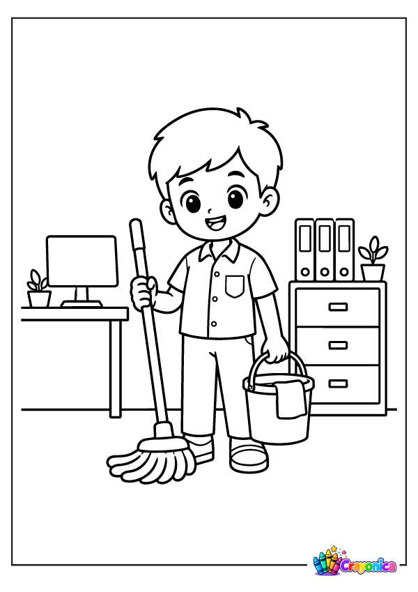 Office boy cleaning with a mop and bucket in a simple office coloring page