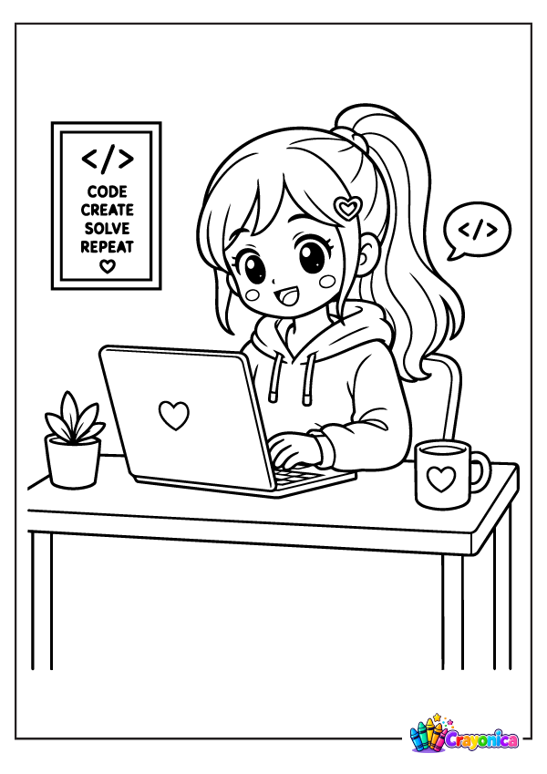 Cute girl programmer working on a laptop at a desk coloring page