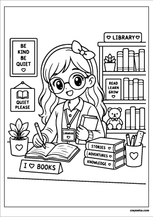 Cute librarian coloring page with smiling librarian, books, and library shelves