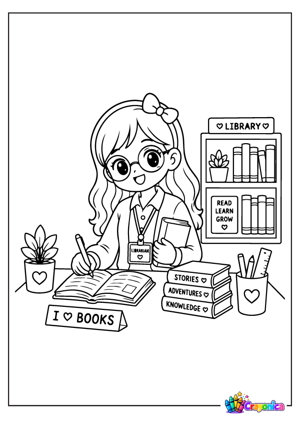 Cute librarian surrounded by books and library shelves coloring page