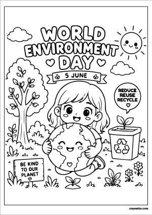 World Environment Day coloring page with smiling Earth, child, tree, and recycling theme