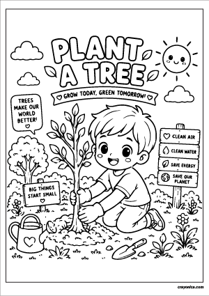 Plant a tree coloring page with a child planting a young tree in a garden