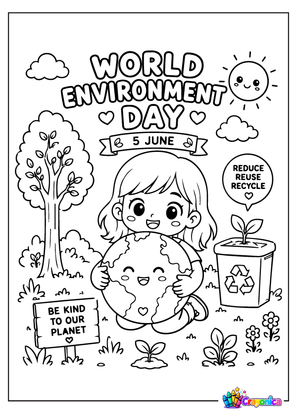 World Environment Day Coloring Page with child holding Earth, trees, and recycling bin