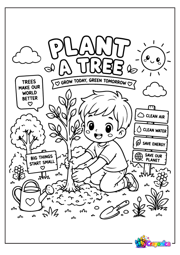 Plant a Tree Coloring Page with a child planting a young tree