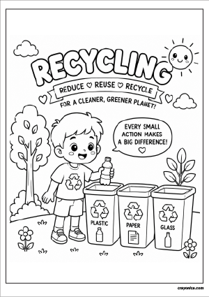 Recycling coloring page with child sorting waste into recycling bins