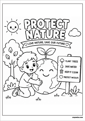 Protect nature coloring page with child hugging Earth and environmental awareness theme