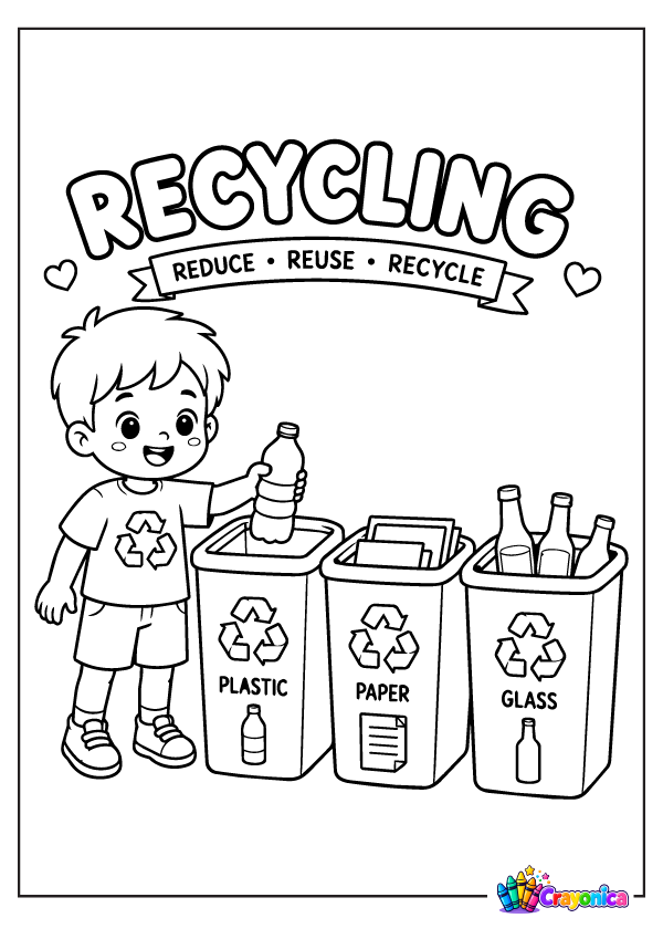Recycling Coloring Page with a child sorting plastic, paper, and glass