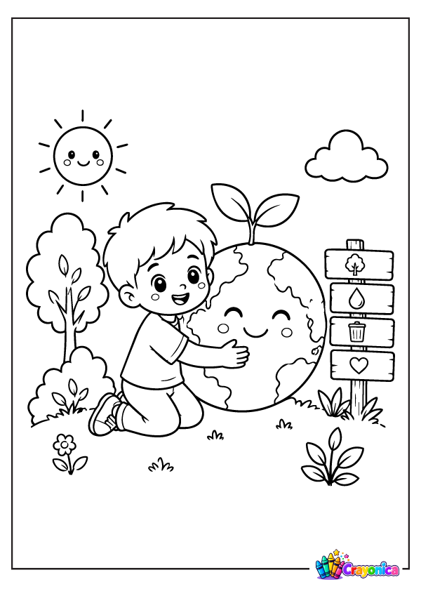 Protect Nature Coloring Page with a child holding a smiling Earth