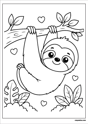 Cute sloth coloring page with smiling sloth hanging from a tree branch in simple cartoon style