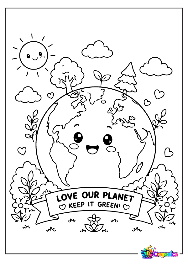 Smiling Planet Earth surrounded by trees, clouds, and flowers coloring page