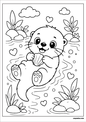 Cute otter coloring page with smiling sea otter floating in water holding a shell