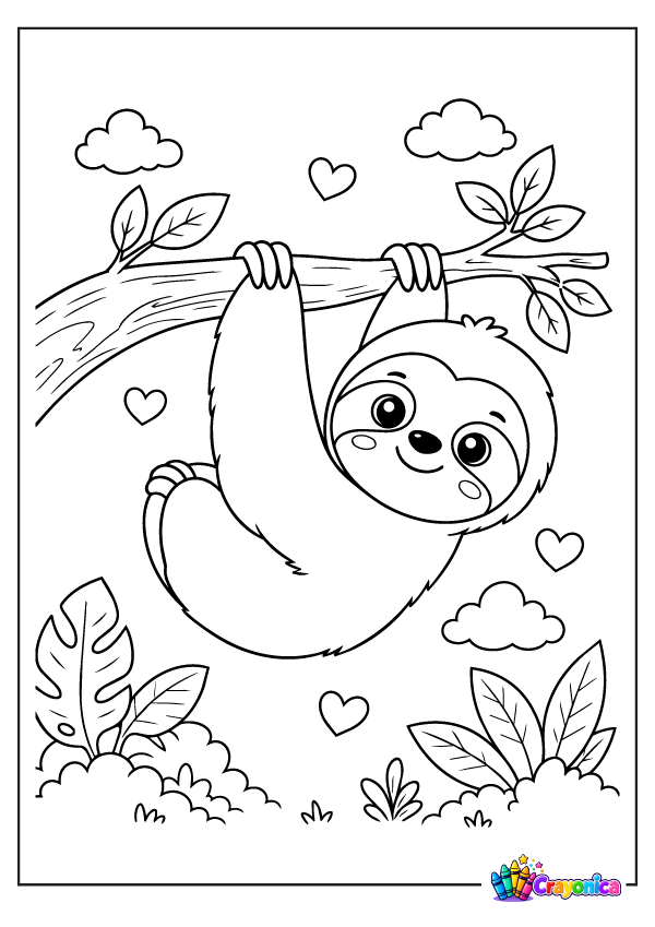 Cute sloth hanging from a tree branch surrounded by leaves coloring page