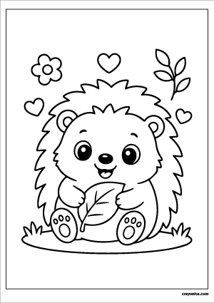 Cute hedgehog coloring page with smiling hedgehog holding a leaf