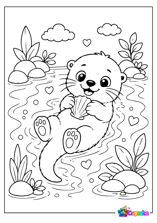 Cute otter floating in water holding a seashell coloring page