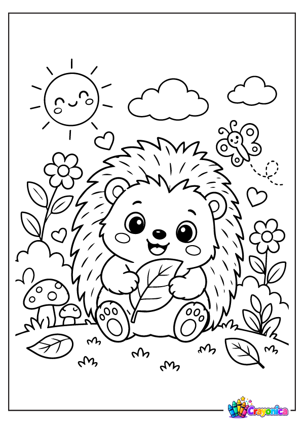 Cute hedgehog holding a leaf with flowers and hearts coloring page