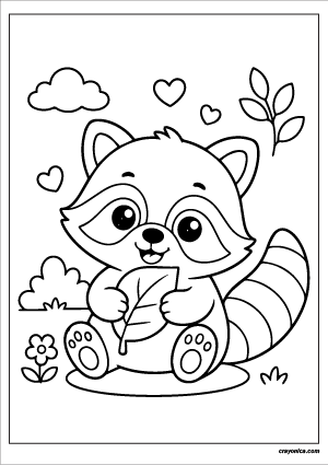 Cute raccoon coloring page with smiling raccoon holding a leaf in simple cartoon style