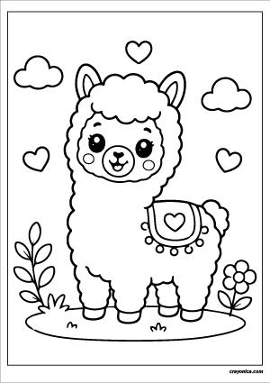 Cute alpaca coloring page with smiling alpaca in simple cartoon style