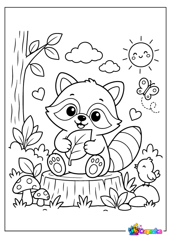 Cute raccoon holding a leaf surrounded by hearts, flowers, and leaves coloring page
