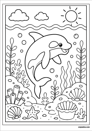 Cute orca whale coloring page with two kawaii killer whales jumping from the ocean