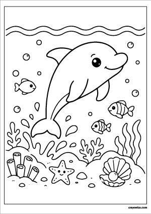 Cute dolphin coloring page with a smiling dolphin swimming in the ocean