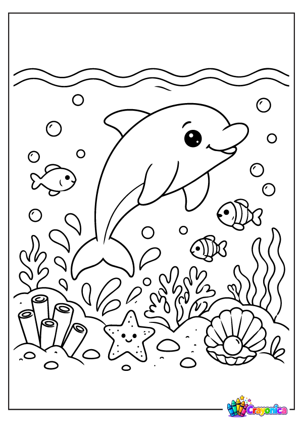 Cute dolphin swimming underwater with fish, coral, shells, and bubbles coloring page