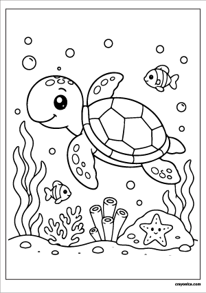 Cute sea turtle coloring page with a smiling turtle swimming underwater
