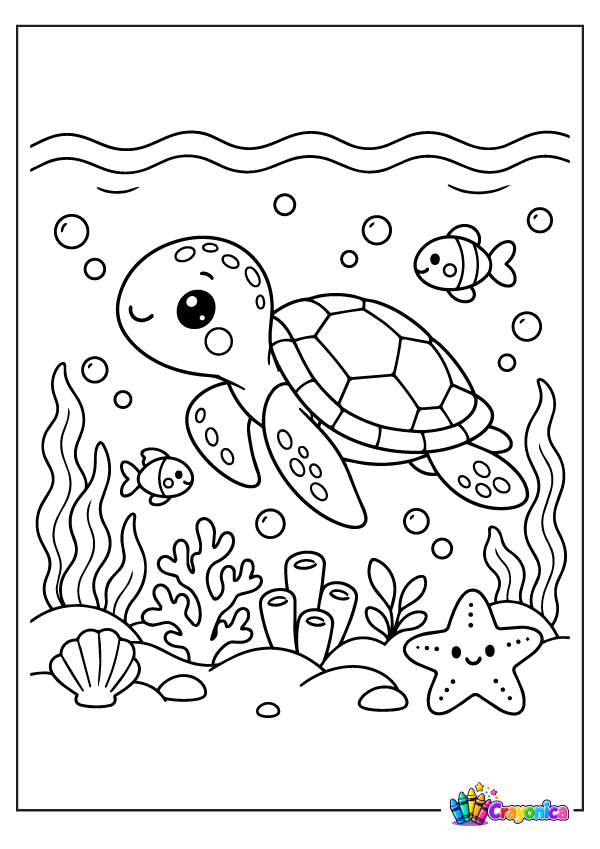 Cute sea turtle swimming underwater with fish, bubbles, coral, and seaweed coloring page