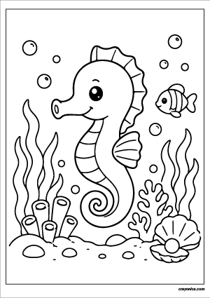 Cute seahorse coloring page with a smiling seahorse underwater