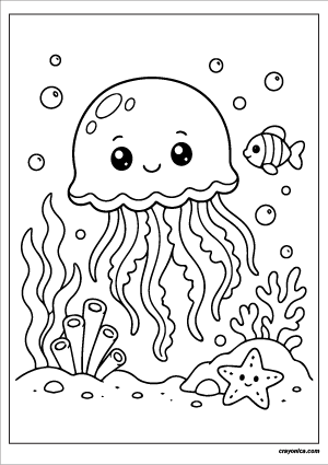 Cute jellyfish coloring page with a smiling jellyfish floating underwater